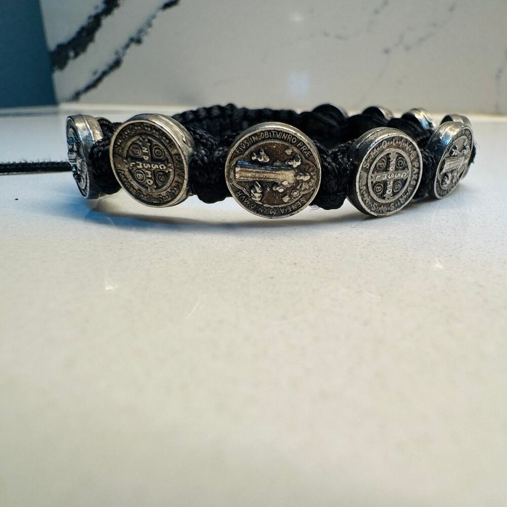 St Benedict Medal Adjustable Black Cord Catholic Bracelet Silver Tone Unisex